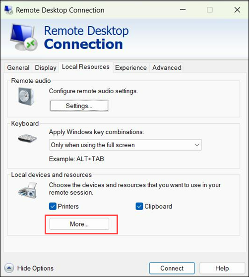 Click More under Local devices and resources. terminal output