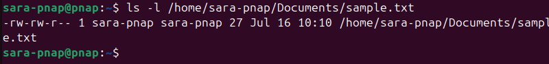 ls -l /home/sara-pnap/Documents/sample.txt terminal output