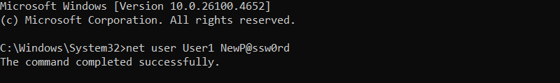 net user User1 NewP@ssw0rd cmd output