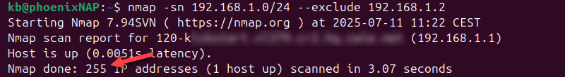 nmap -sn 192.168.1.0/24 exclude address terminal output