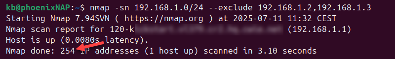 nmap -sn 192.168.1.0/24 exclude addresses terminal output