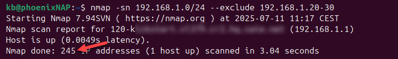 nmap -sn 192.168.1.0/24 exclude range terminal output