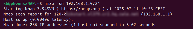 nmap -sn 192.168.1.0 subnet 24 terminal output