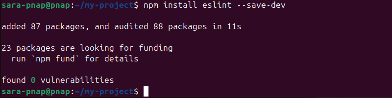 npm install eslint --save-dev command terminal output