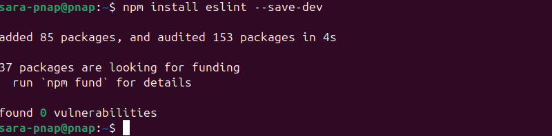 npm install eslint --save-dev terminal output