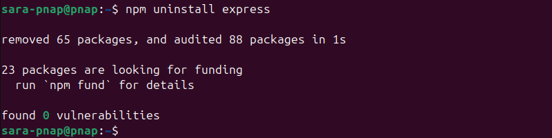 npm uninstall express terminal output