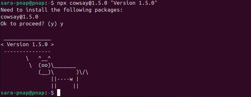 npx cowsay@1.5.0 "Version 1.5.0" terminal output