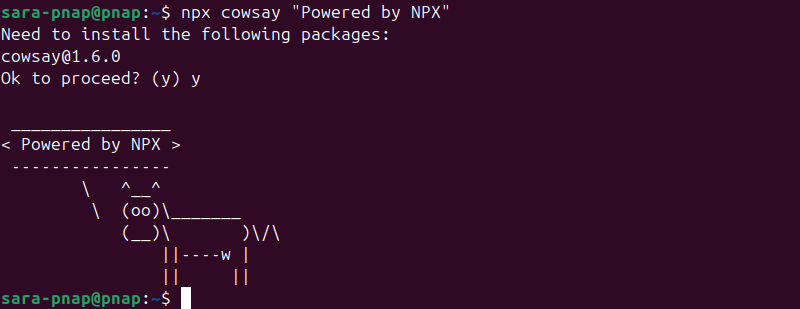npx cowsay "Powered by NPX" terminal output
