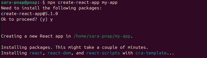 npx create-react-app my-app terminal output