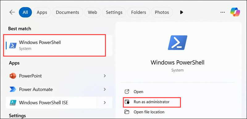 Open PowerShell as administrator.