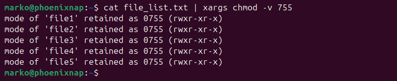 Applying permission 755 to multiple files listed in a file.