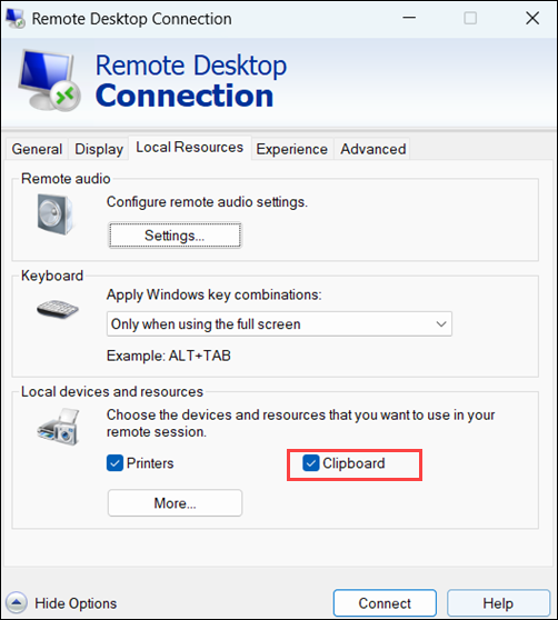 RDP Local Resources Clipboard Option Selected