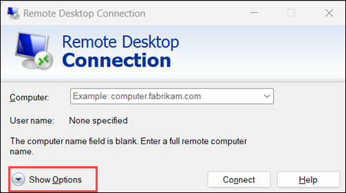 Remote Desktop Connection Show Option