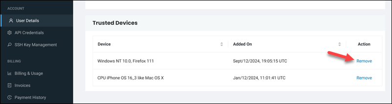 Removing a trusted device in the BMC portal.
