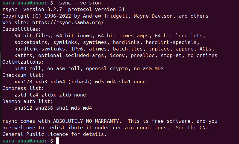 rsync --version terminal output