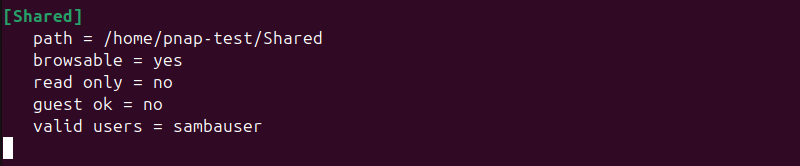 Samba configuration file in Nano terminal output