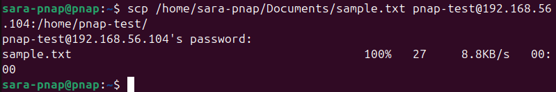 scp /home/sara-pnap/Documents/sample.txt pnap-test@192.168.56.104:/home/pnap-test/ terminal output