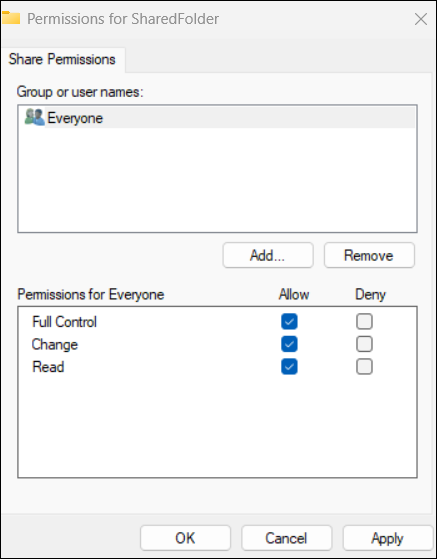 Set permissions as Full Control for Everyone.