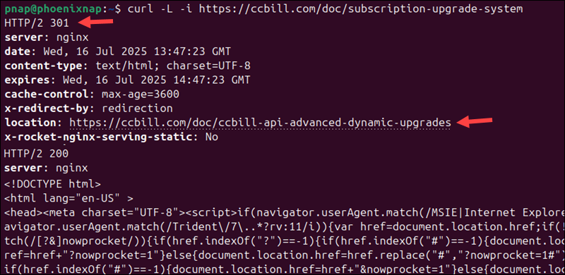 Display response header for curl request on redirect.