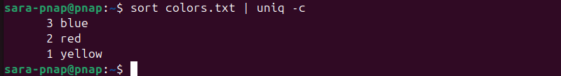 sort colors.txt | uniq -c terminal output