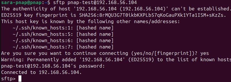 sftp pnap-test@192.168.56.104 terminal output