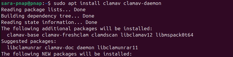 sudo apt install clamav clamav-daemon terminal output
