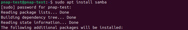 sudo apt install samba terminal output