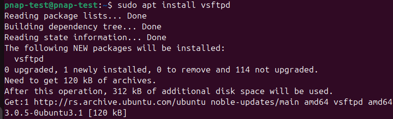 sudo apt install vsftpd terminal output