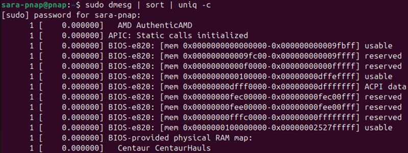 dmesg | sort | uniq -c terminal output