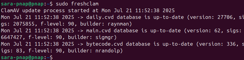 sudo freshclam terminal output