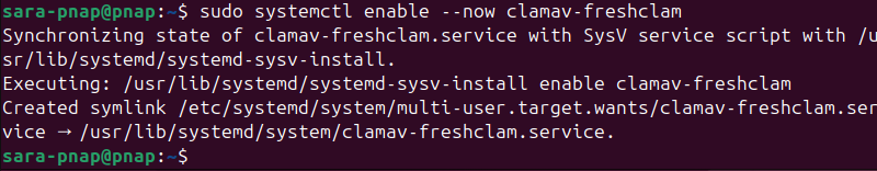 sudo systemctl enable --now clamav-freshclam terminal output