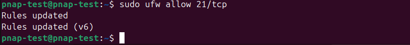 sudo ufw allow 21/tcp terminal output