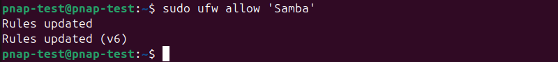 sudo ufw allow 'Samba' terminal output