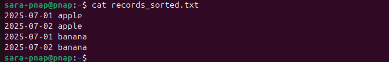 terminal output for cat records_sorted.txt 