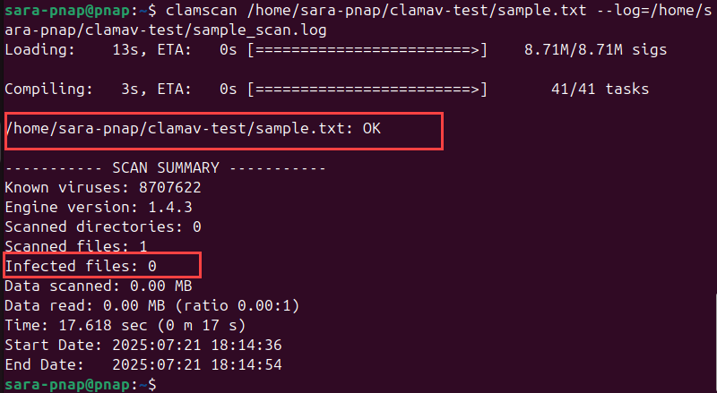 terminal output for clamscan /home/sara-pnap/clamav-test/sample.txt --log=/home/sara-pnap/clamav-test/sample_scan.log
