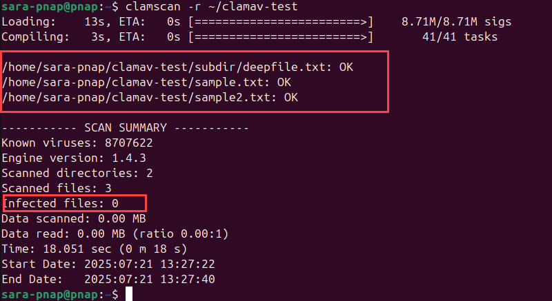 clamscan -r ~/clamav-test and subdirectories terminal output