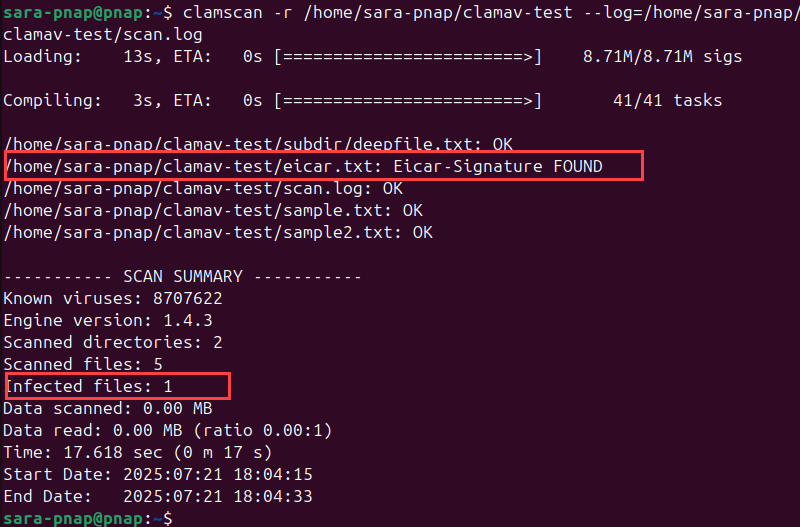  terminal output for clamscan -r /home/sara-pnap/clamav-test --log=/home/sara-pnap/clamav-test/scan.log