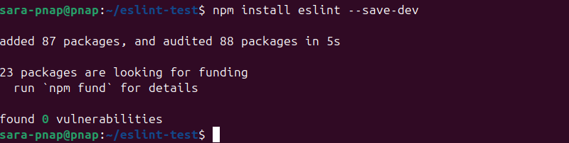 terminal output for npm install eslint --save-dev