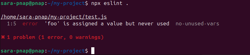 terminal output for npx eslint .