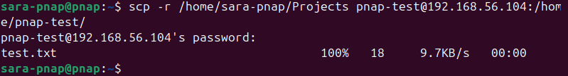 scp -r /home/sara-pnap/Projects pnap-test@192.168.56.104:/home/pnap-test/ terminal output (transfering a directory)