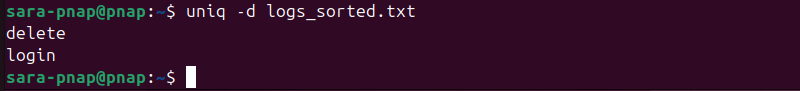 uniq -d logs_sorted.txt terminal output