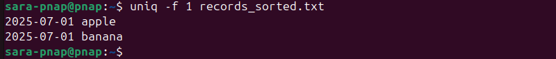 uniq -f 1 records_sorted.txt terminal output