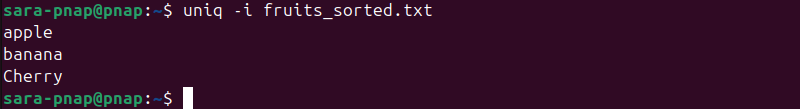 uniq -i fruits_sorted.txt terminal output