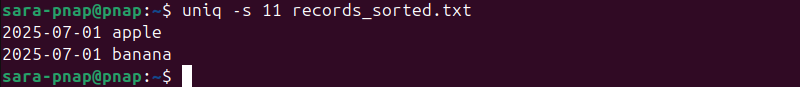 uniq -s 11 records_sorted.txt terminal output