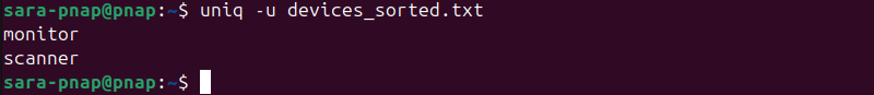 uniq -u devices_sorted.txt terminal output