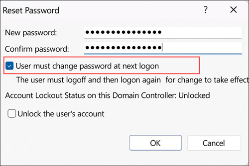 Check or uncheck the option to require the user to change the password at next logon on ADUC