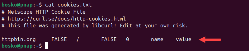 Checking the contents of the cookie file.