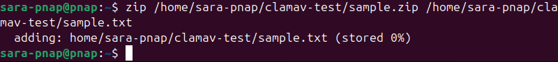 zip /home/sara-pnap/clamav-test/sample.zip /home/sara-pnap/clamav-test/sample.txt terminal output