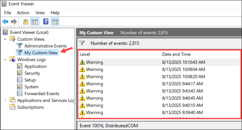 Accessing a custom view in Windows Event Viewer.