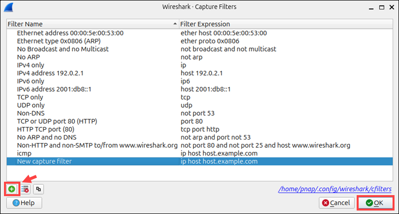 Adding a capture filter in Wireshark.